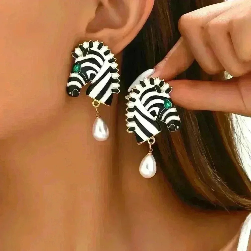 Elegant  Zebra Head Stud Pendant Earrings - Green Crystal Eyes, Pearl Drops - Picture 7 of 7